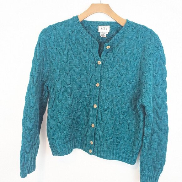 Seed Woolen Knit Cardigan in Turquoise, Sz L - Picture 1 of 7